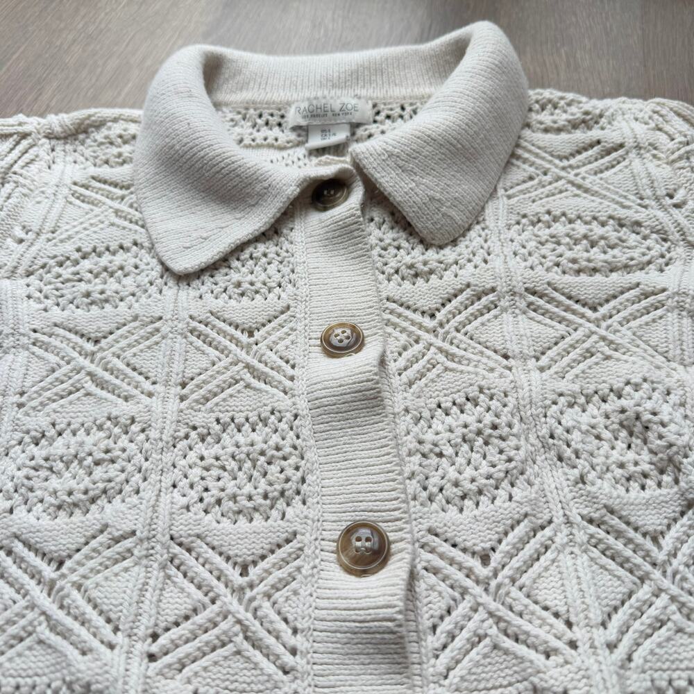 Rachel Zoe Cardigan Crochet Knit Collared Modern Women Size L Cream Ivory White - Picture 2 of 8